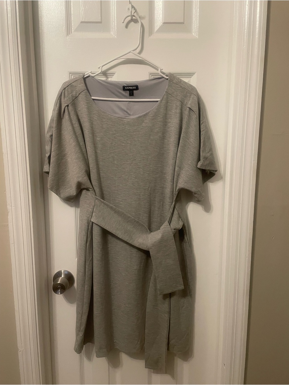Express Light Gray Short-Sleeve Belted Mini Dress